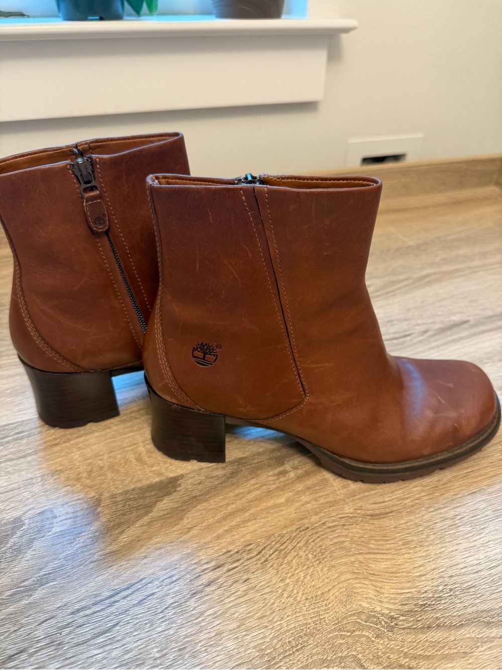 Timberland Cognac Leather Ankle Booties with Side Zipper